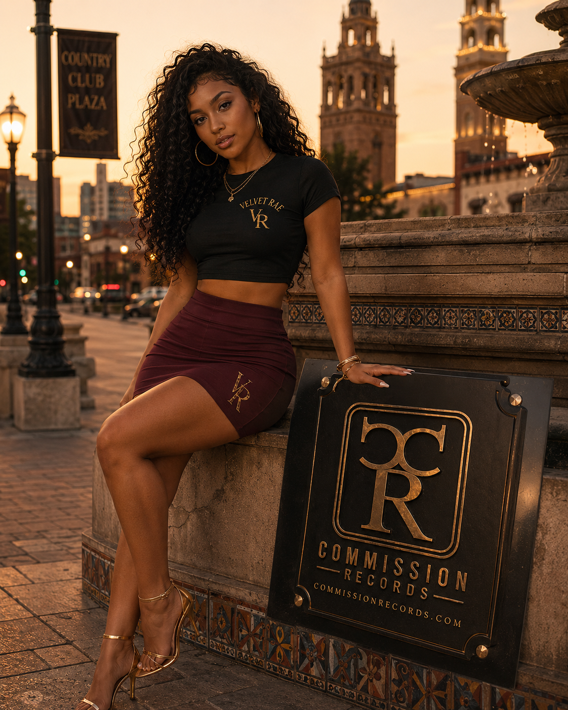 Woman on the Country Club Plaza at sunset beside a gold Commission Records CR plaque, wearing a black Velvet Rae VR crop tee with a burgundy VR mini skirt and gold heels