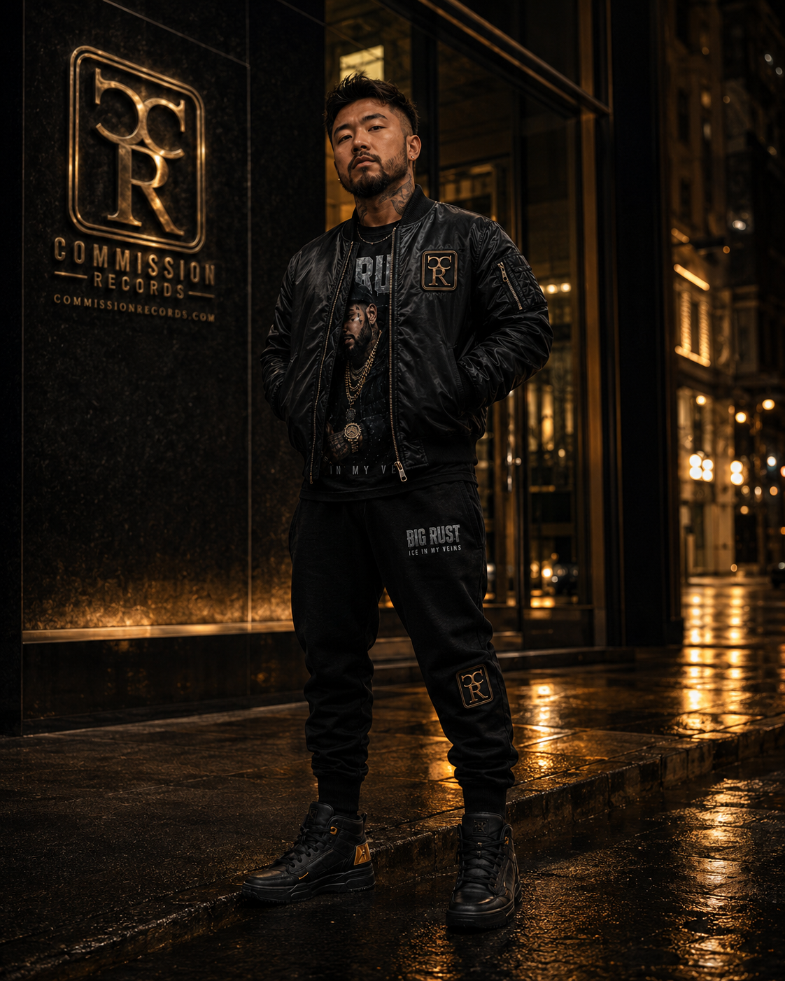 Man outside the Commission Records building at night wearing a black satin CR bomber with gold trim over a Big Rust portrait graphic tee, with matching black Big Rust Ice In My Veins CR joggers and CR high-top sneakers