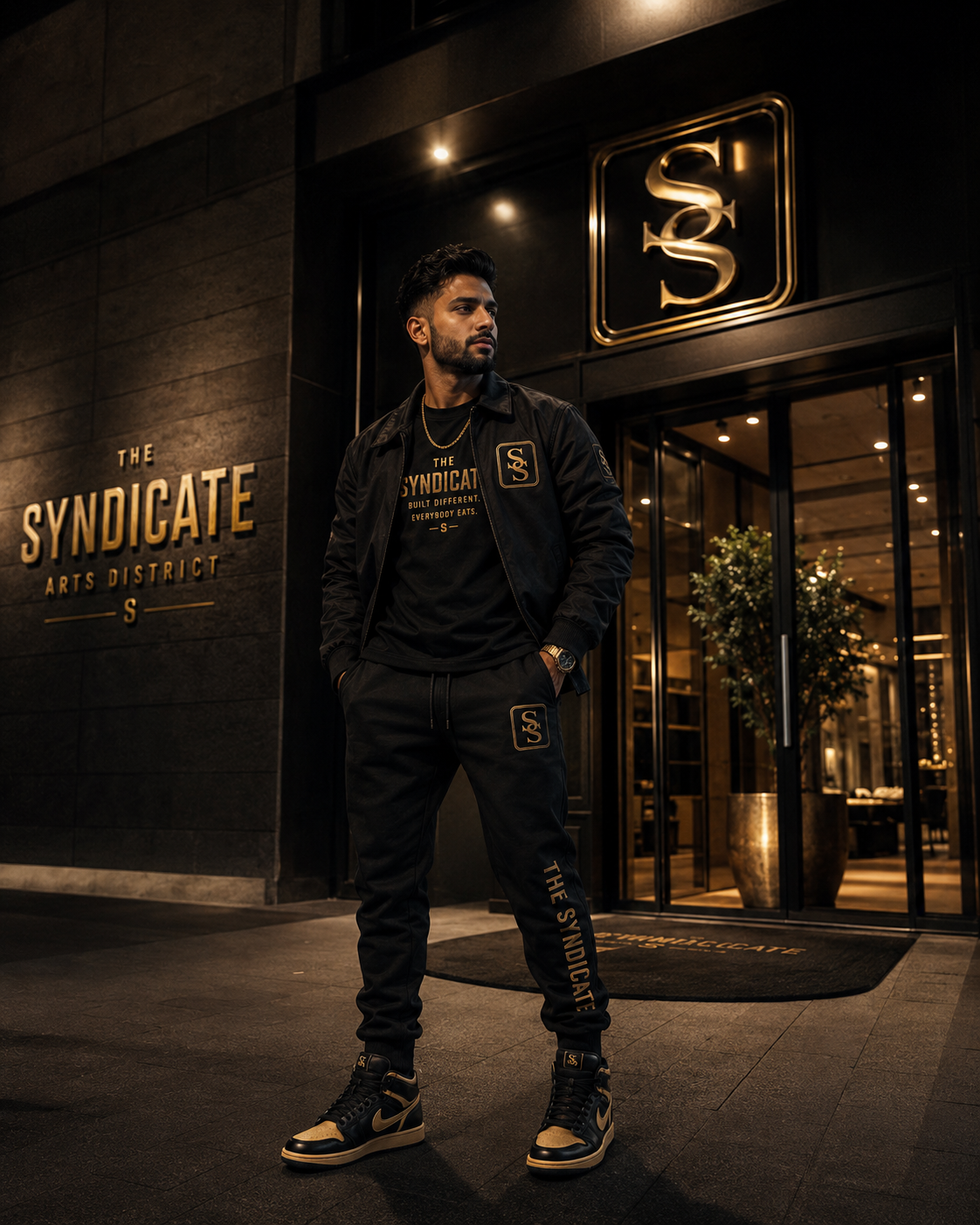 Man outside The Syndicate Arts District building at night, wearing a black bomber jacket with a gold SS patch over a black The Syndicate Built Different Everybody Eats tee, with black SS-monogram joggers and black-and-gold SS high-top sneakers