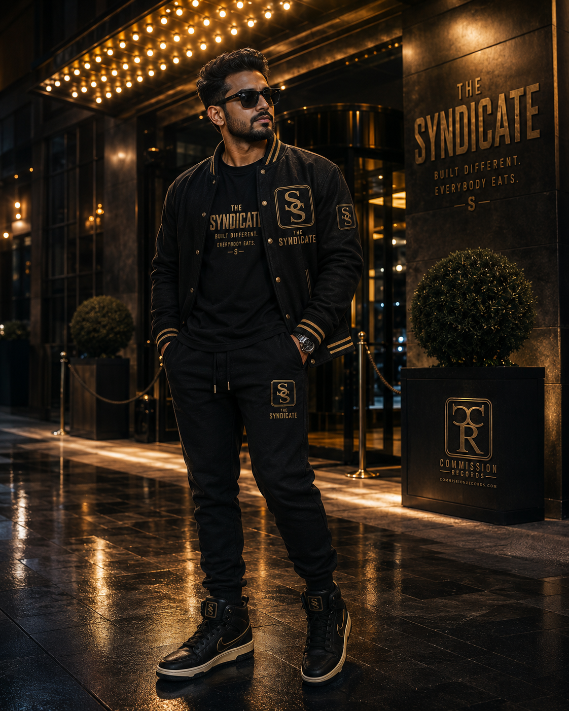 Man outside The Syndicate entrance at night, wearing a black and gold varsity bomber with an SS crest over a The Syndicate Built Different tee, with matching SS-monogram joggers and black-and-gold SS high-top sneakers