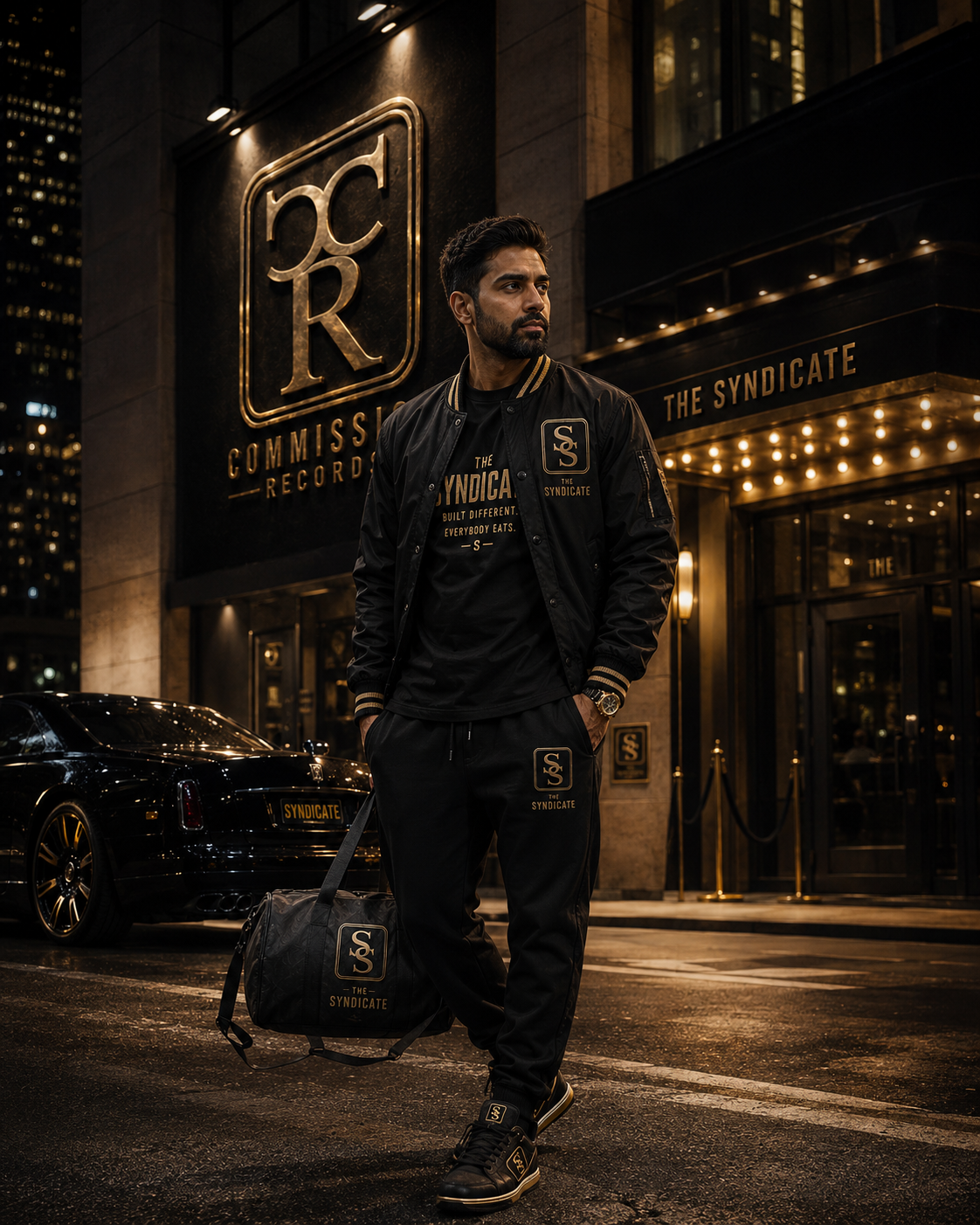Man outside the Commission Records building at night, wearing a black and gold varsity bomber with an SS crest over a The Syndicate tee, with matching SS joggers and carrying a black and gold SS duffel bag