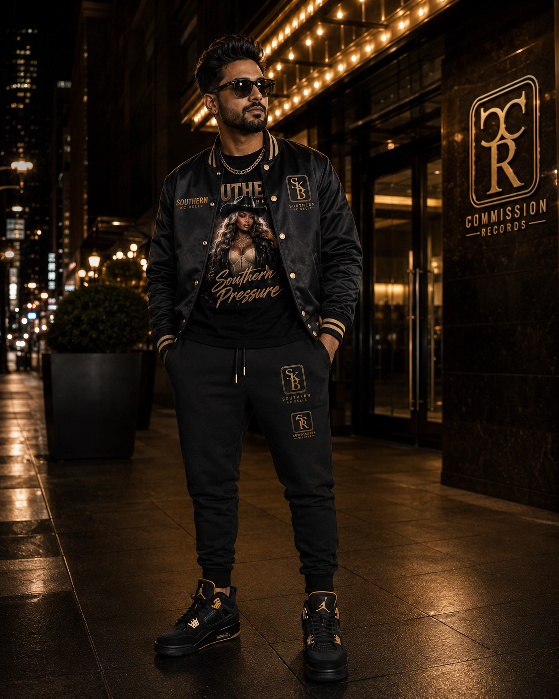 Man on a city street at night wearing a black and gold varsity bomber with an SKB patch over a Southern Pressure graphic tee, with black SKB and Commission Records joggers and black-and-gold sneakers