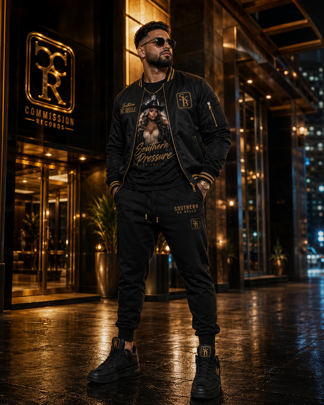 Man outside the Commission Records building at night wearing a black and gold bomber with an SKB patch over a Southern Pressure KC Belle cowboy-hat graphic tee, with matching black SKB joggers and black-and-gold SKB high-top sneakers
