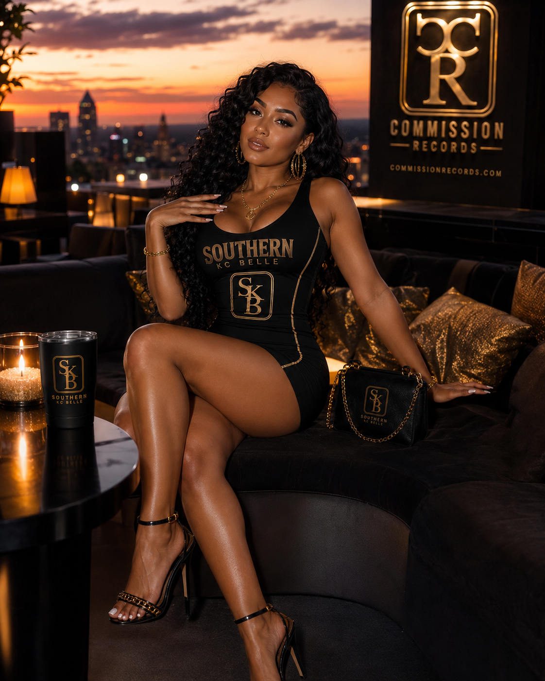 Woman seated in a rooftop lounge at sunset wearing a black Southern KC Belle SKB-monogram bodysuit with gold trim, beside a black SKB tumbler and gold-chain SKB handbag