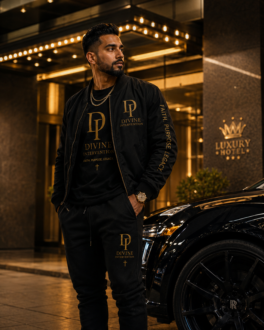 Man outside a luxury hotel at night beside a black Rolls-Royce, wearing a black Divine Intervention bomber jacket with a gold DI logo and Faith Purpose Legacy sleeve print over a black Divine Intervention Faith Purpose Legacy graphic tee, with matching black DI joggers