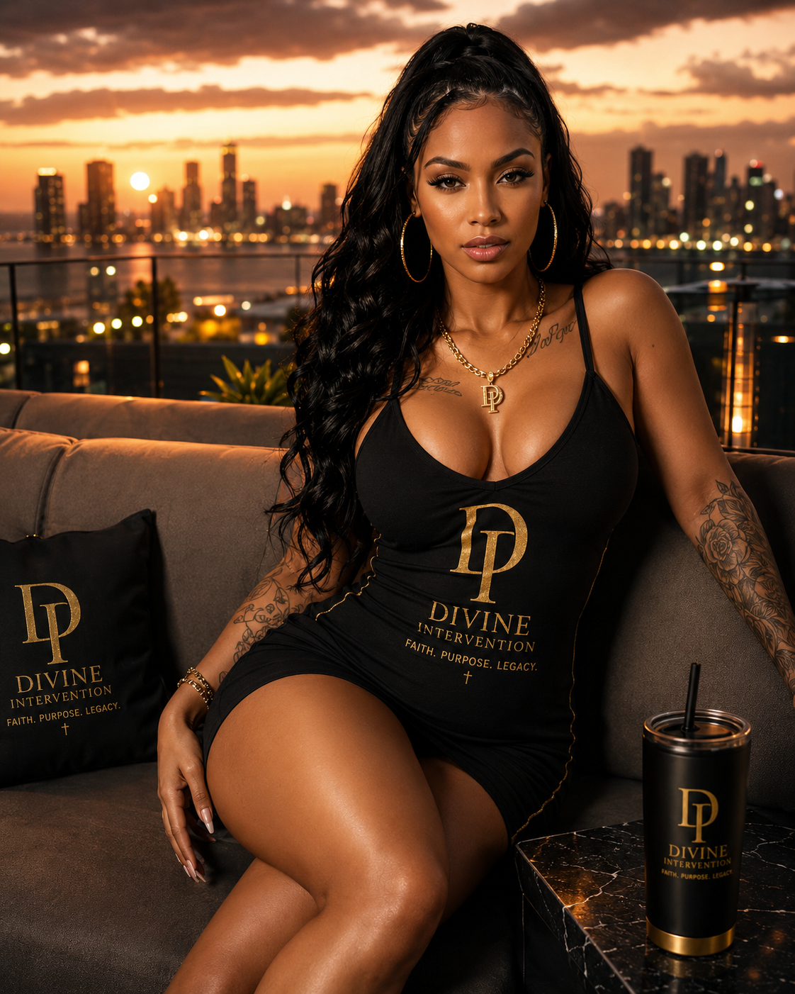 Woman on a rooftop lounge at sunset wearing a black Divine Intervention Faith Purpose Legacy bodycon mini dress with a gold DI logo, beside a matching DI pillow and DI tumbler