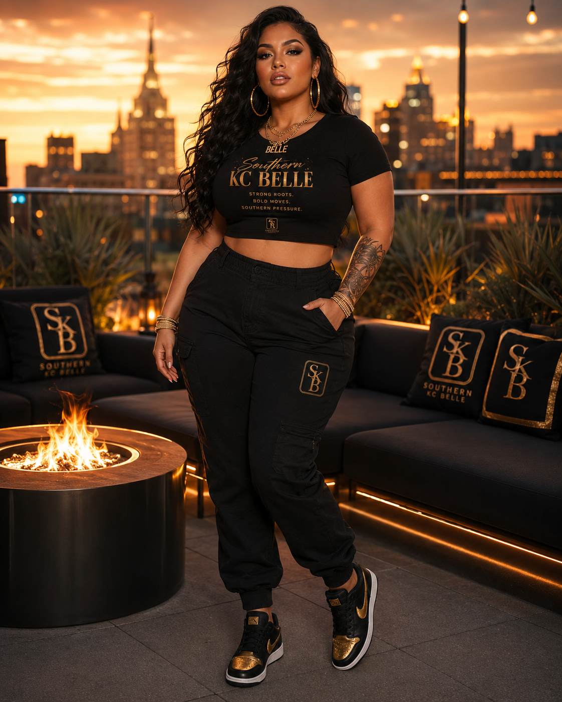 Woman on a rooftop lounge at sunset wearing a black Southern KC Belle Strong Roots Bold Moves Southern Pressure crop tee with gold print, paired with black SKB cargo joggers bearing a gold SKB patch and black-and-gold sneakers, beside SKB pillows and a fire pit