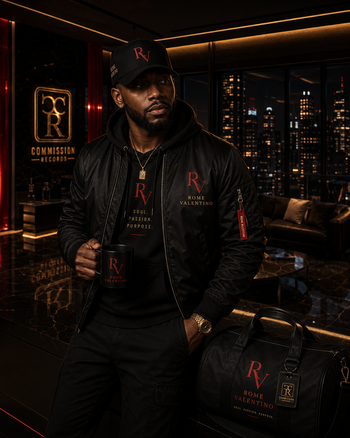 Man in a luxury high-rise lounge at night wearing a black Rome Valentino RV bomber jacket with a red RV Rome Valentino chest logo and red Rome Valentino zipper pull over a black RV Soul Passion Purpose hoodie, with an RV cap, holding a black RV mug beside a black RV duffel bag