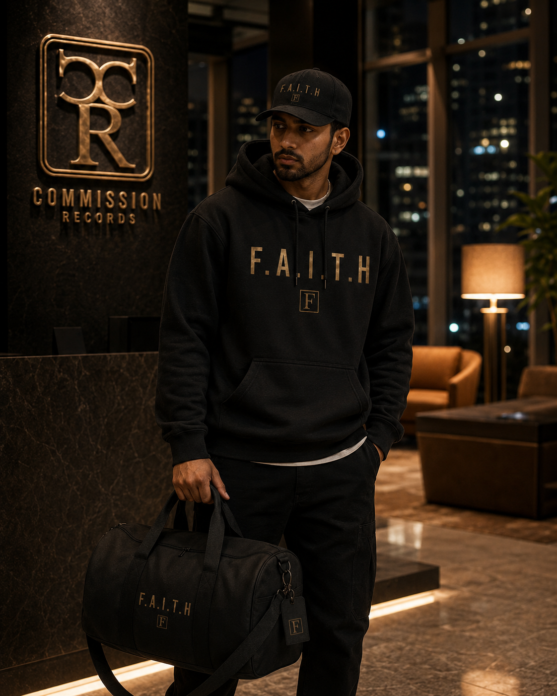 Man in a luxury high-rise lobby at night wearing a black F.A.I.T.H. gold-print pullover hoodie with a boxed-F logo and a matching F.A.I.T.H. cap, holding a black F.A.I.T.H. duffel bag