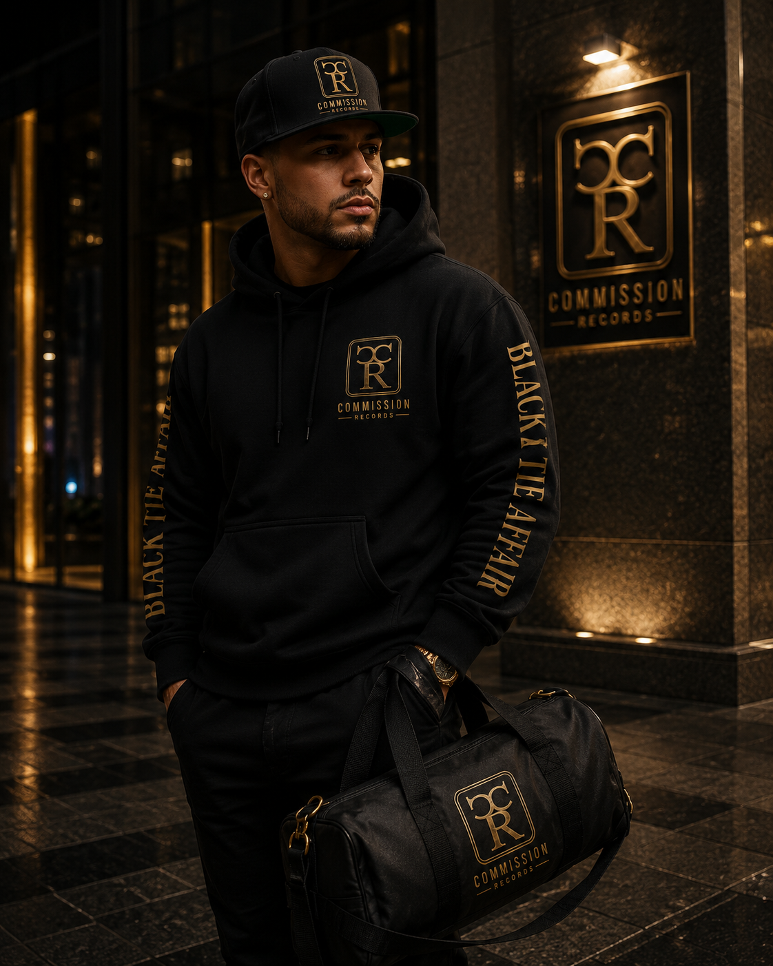 Man outside a Commission Records building at night wearing a black Commission Records pullover hoodie with a gold CR crest and gold Black Tie Affair sleeve prints, plus a black-and-gold CR snapback cap, holding a black CR duffel bag