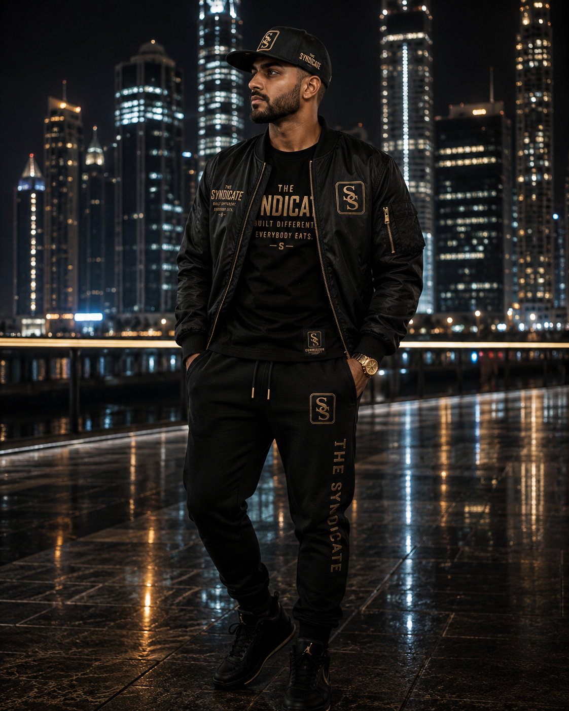 Man on a waterfront at night with a city skyline behind him, wearing a black The Syndicate Built Different Everybody Eats gold-print tee under a black SS bomber jacket with a gold SS patch, matching black The Syndicate SS joggers, an SS snapback cap, and black sneakers