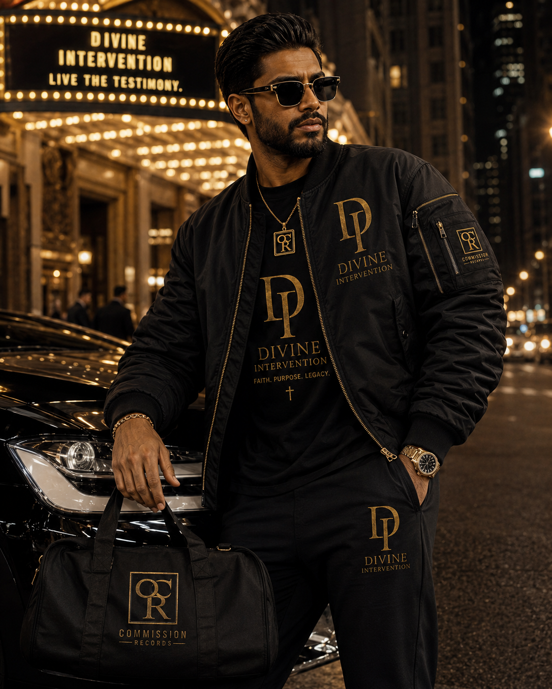 Man on a city street at night beneath a Divine Intervention Live The Testimony theater marquee beside a black luxury car, wearing a black DI Divine Intervention Faith Purpose Legacy gold-print tee under a black DI bomber jacket with a gold DI logo and CR sleeve patch, matching black DI joggers, sunglasses, and a gold CR pendant, holding a black CR duffel bag