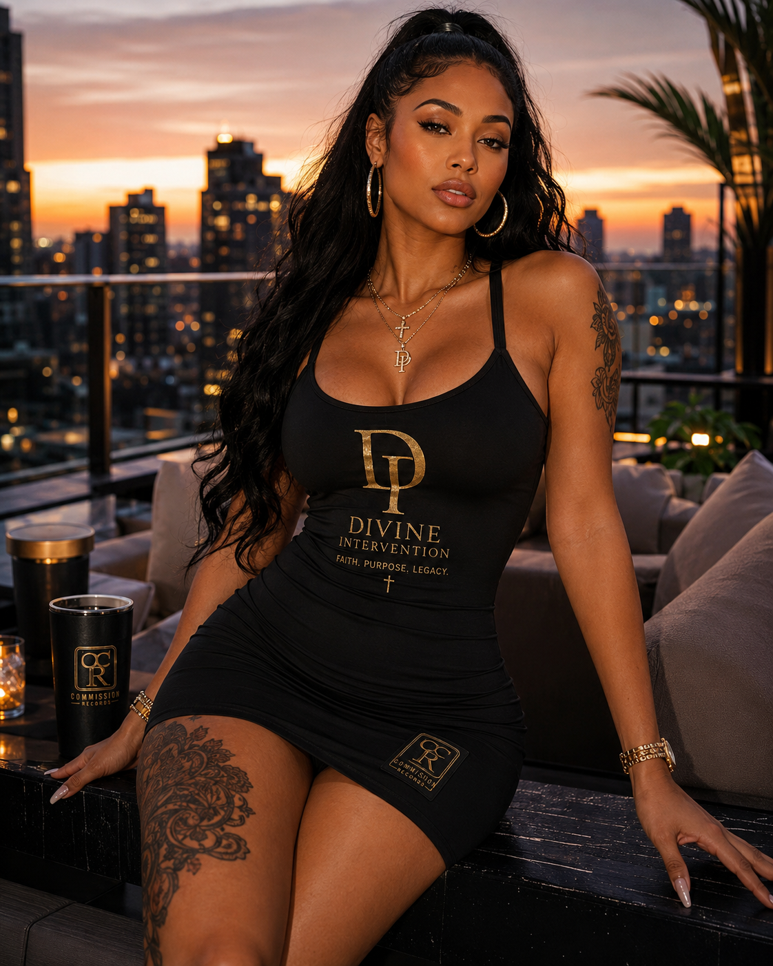 Woman on a rooftop lounge at sunset wearing a black DI Divine Intervention Faith Purpose Legacy gold-print bodycon tank mini dress with a CR Commission Records logo, beside a black CR tumbler