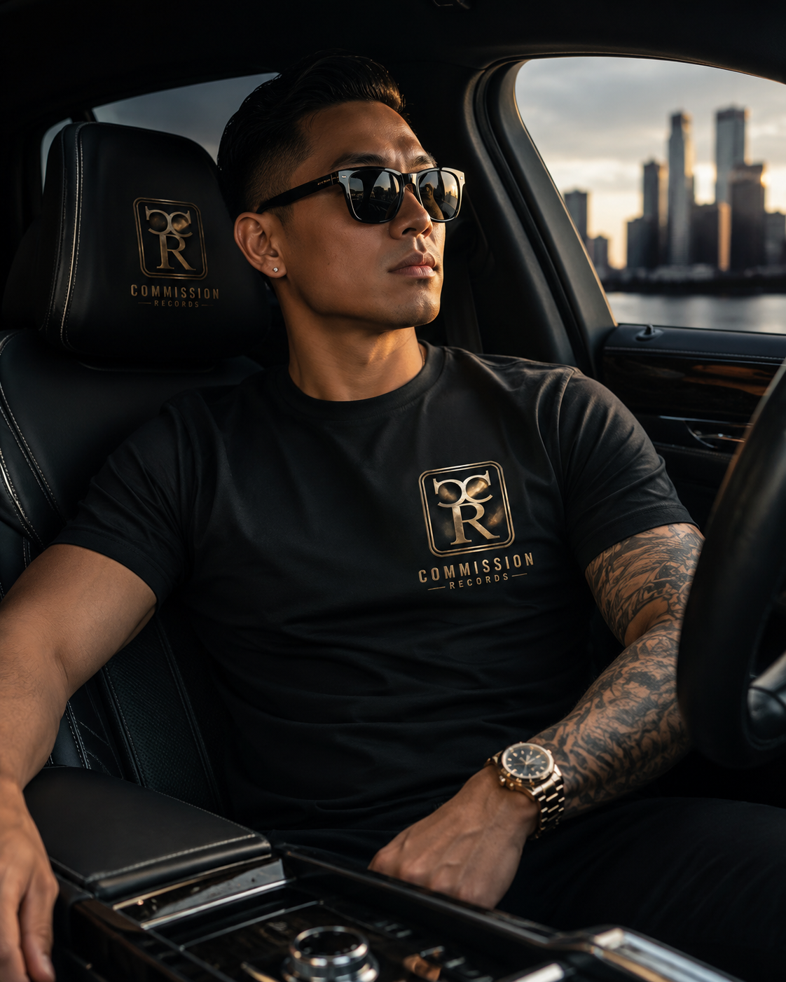 Man in sunglasses reclining in the passenger seat of a luxury car with a waterfront city skyline behind him, wearing a black Commission Records gold-crest logo tee beside a CR-embroidered leather headrest