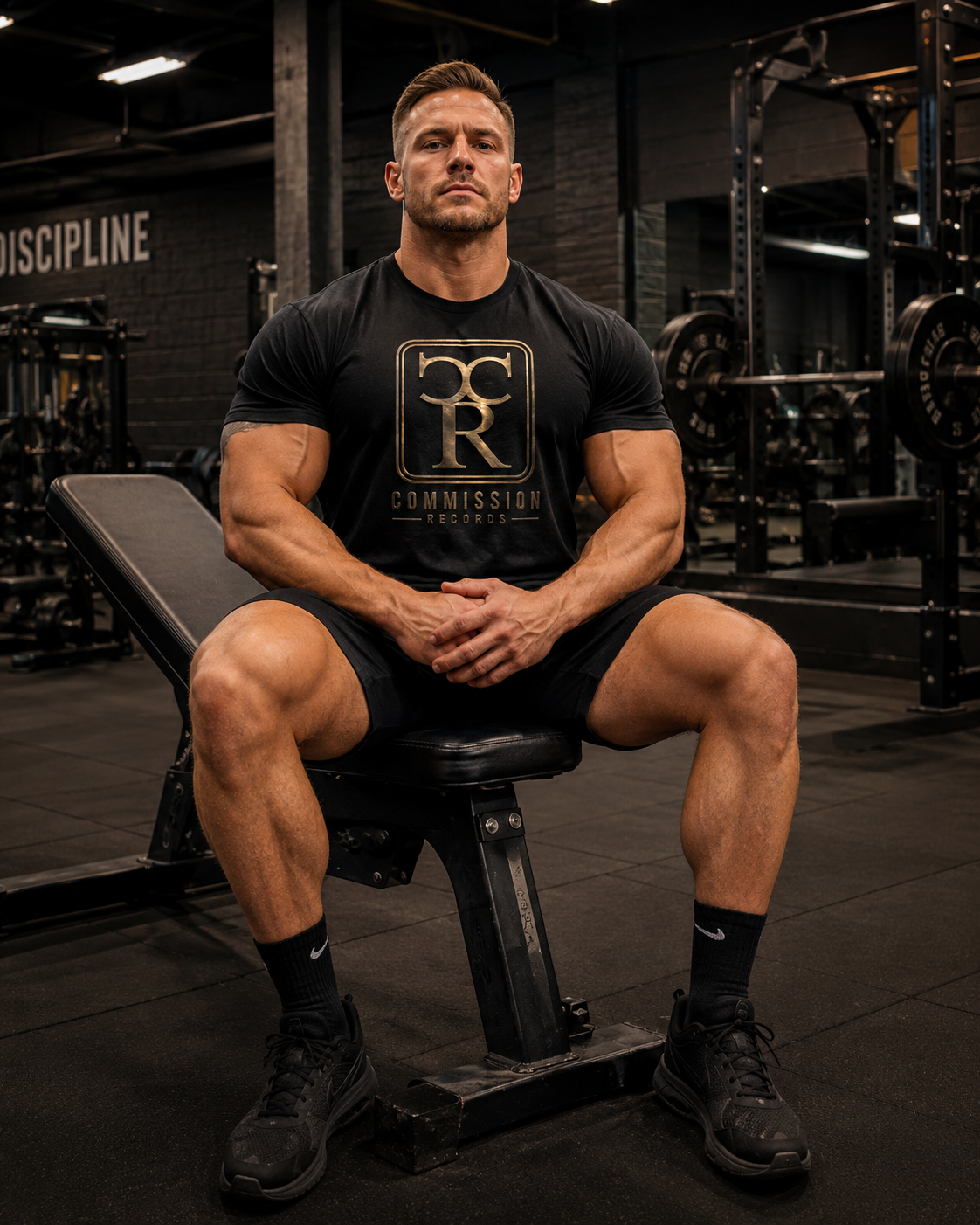 Muscular man seated on a weight bench in a dark industrial gym with Discipline wall text, wearing a black Commission Records gold-crest logo tee and black shorts
