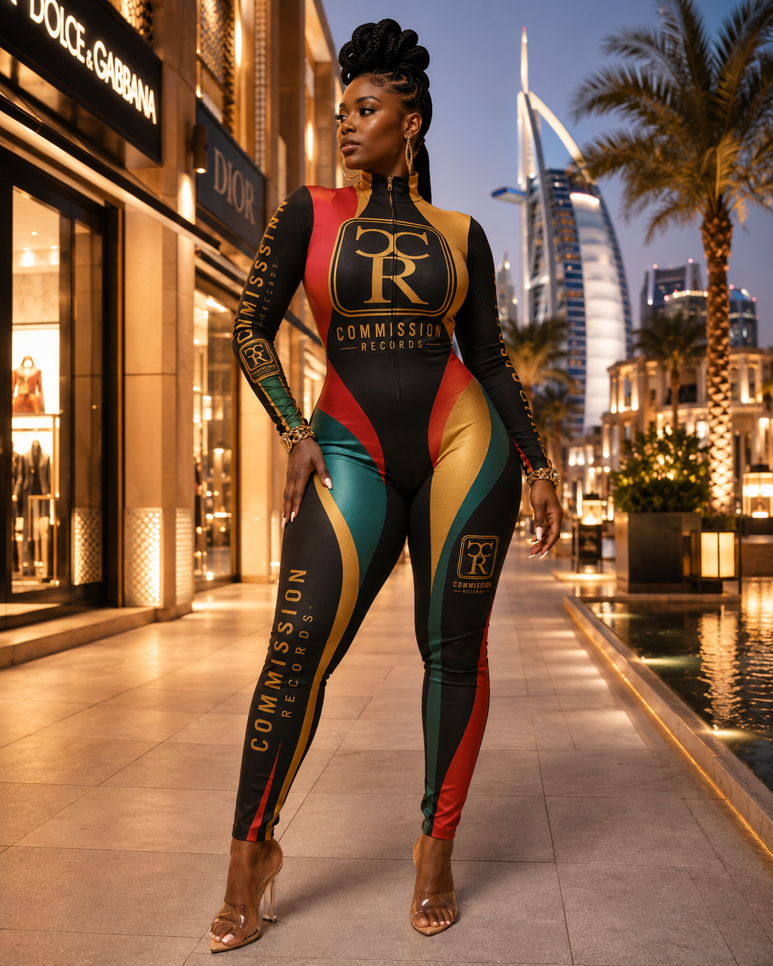 Woman on a luxury shopping promenade with the Dubai skyline behind her, wearing a black Commission Records catsuit with red, gold, and green color-blocking, a gold CR chest logo, and gold Commission Records leg print