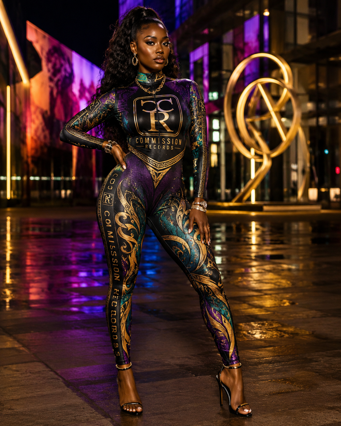 Woman in a neon-lit plaza at night wearing a black, purple, and gold baroque-print Commission Records catsuit with a gold CR chest logo