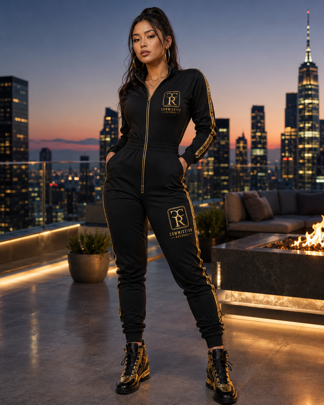 Woman on a rooftop at dusk wearing a black zip-front Commission Records tracksuit jumpsuit with gold side stripes and gold CR logos