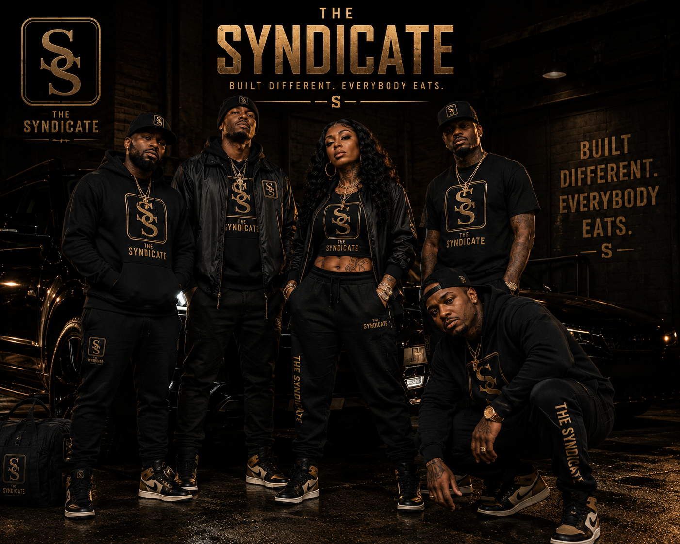 The Syndicate group of five members in a dark industrial garage beside a black luxury car, all wearing black-and-gold The Syndicate Built Different Everybody Eats apparel with the SS crest logo