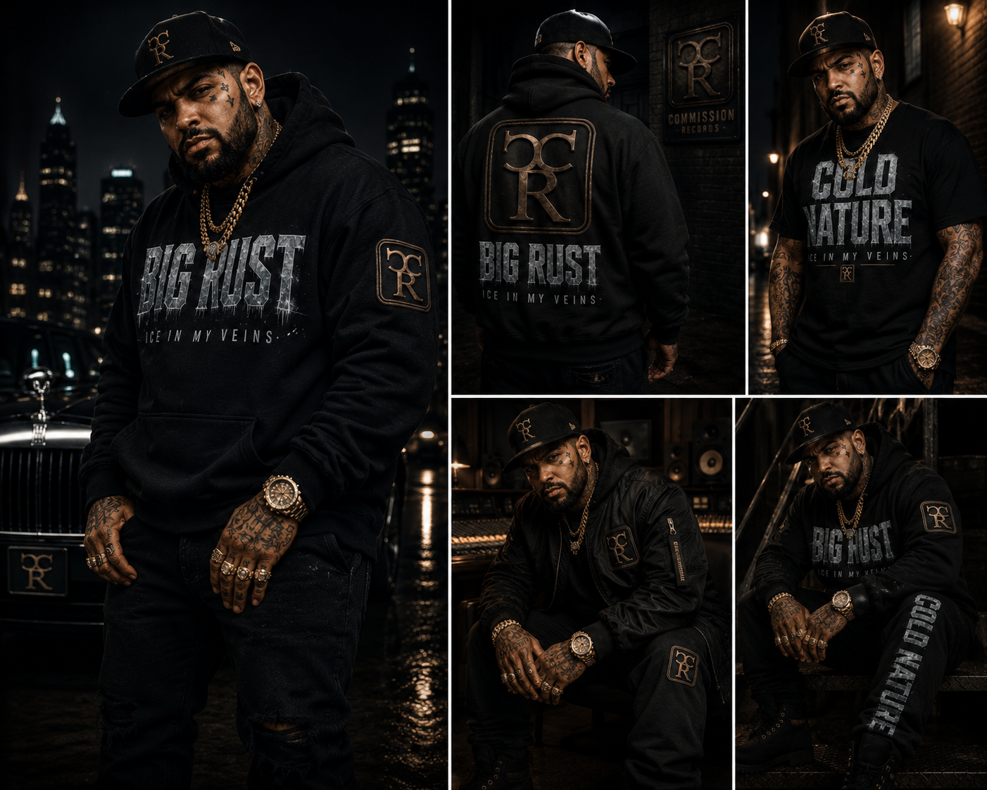 Big Rust five-panel nighttime city promo collage of a tattooed male artist in black-and-gold Commission Records Big Rust Ice In My Veins apparel, including a graphic hoodie with front and back logo views, a Cold Nature tee, a CR bomber jacket, and Cold Nature joggers, styled with a CR snapback and gold chains beside a black Rolls-Royce