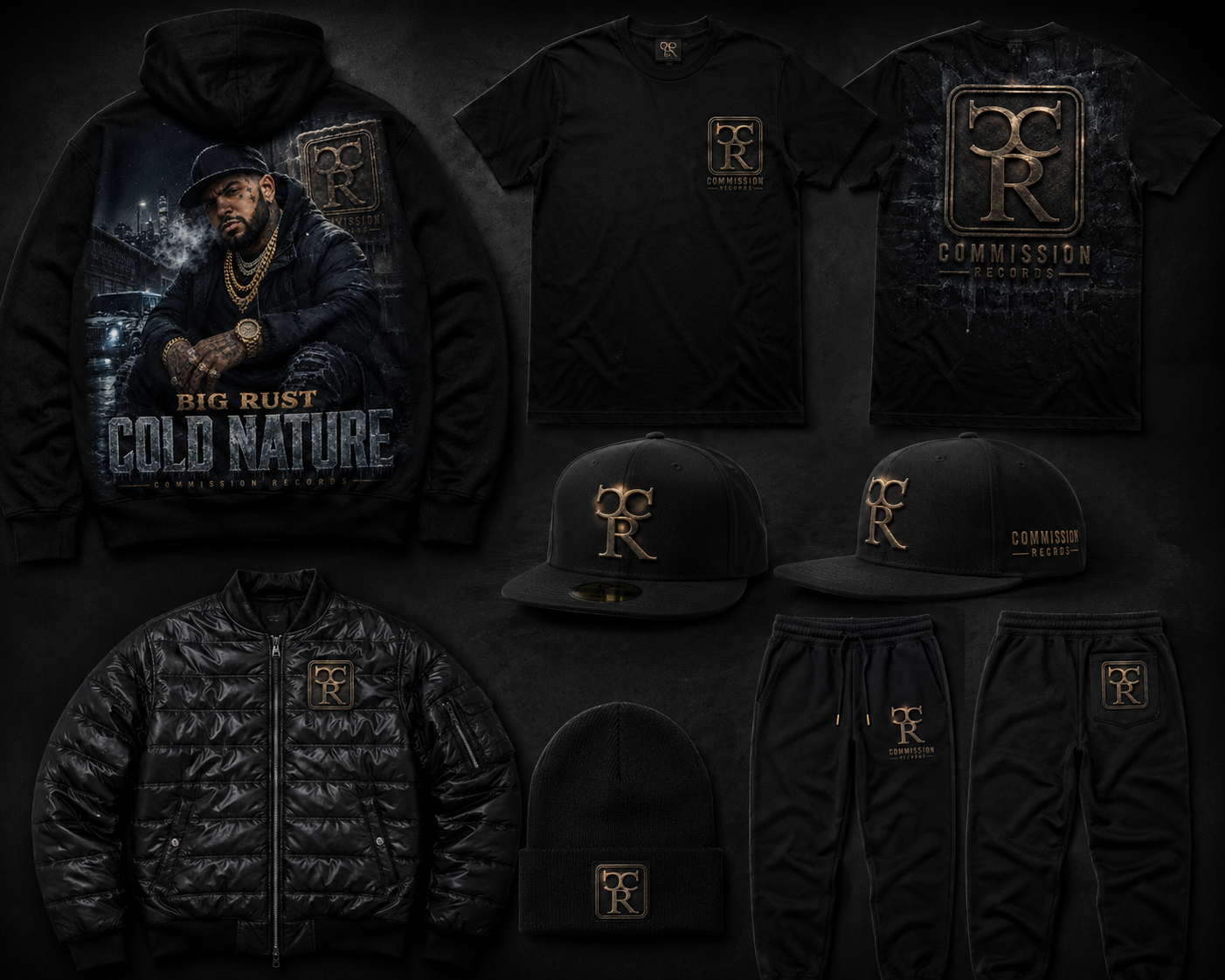 Big Rust Cold Nature full merch flat-lay on a dark textured backdrop featuring a black hoodie with a Big Rust Cold Nature portrait graphic, a black CR chest-logo tee, a black tee with a large gold CR crest, two CR snapback caps, a black quilted CR bomber jacket, a CR beanie, and two pairs of CR joggers in black-and-gold Commission Records branding