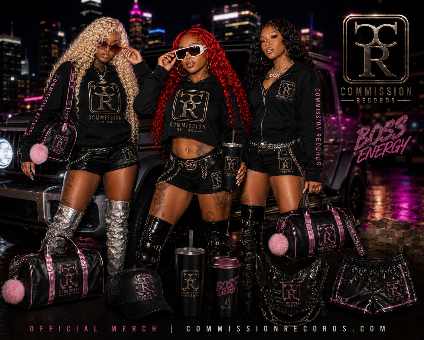 Crown Society Boss Energy promo of three women posing before a purple-lit G-Wagon at night, wearing black Commission Records logo cropped hoodies, a zip hoodie, leather shorts, and knee-high boots, surrounded by CR duffel bags, tumblers, a Boss Energy cup, trucker cap, and shorts with cash stacks