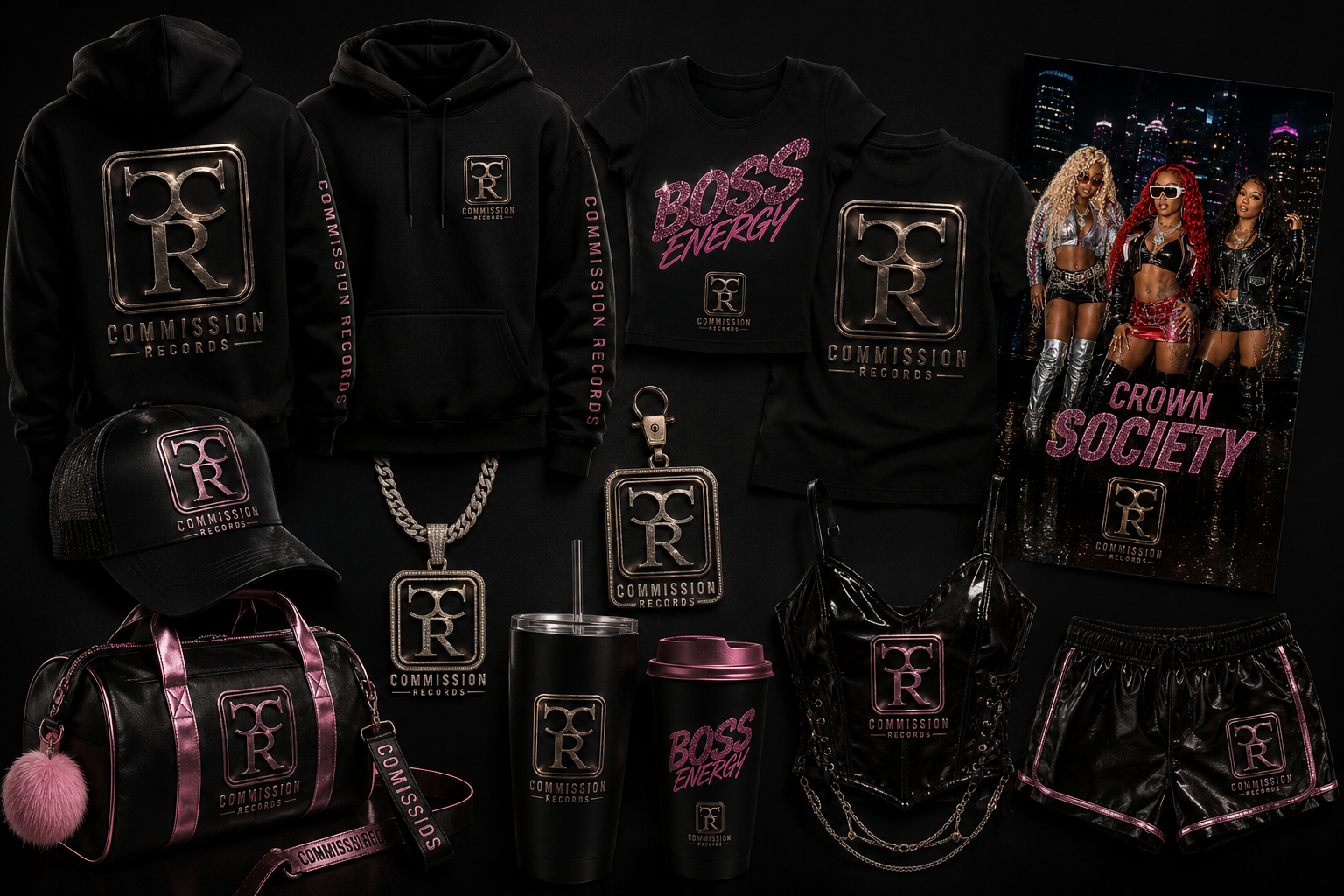 Crown Society Commission Records flat-lay featuring a CR back-print hoodie, CR chest-logo hoodie, glitter Boss Energy cropped tee, CR logo tee, CR trucker cap, pink-strap CR duffel bag, CR diamond pendant necklace, CR keychain, CR tumbler and Boss Energy cup, black patent CR corset, CR shorts, and a Crown Society group poster