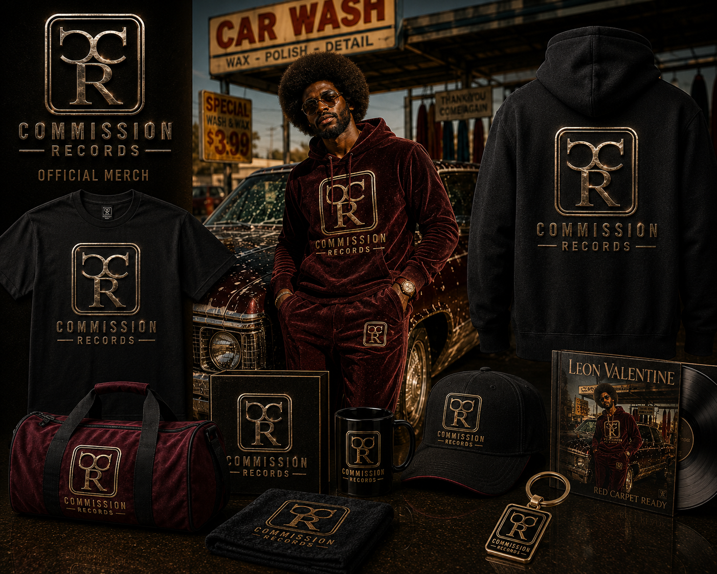 Leon Valentine official merch promo at a vintage car wash, with the artist in a maroon velour Commission Records tracksuit leaning on a classic car, surrounded by a black CR logo tee, CR back-print hoodie, maroon duffel bag, gift box, mug, snapback, towel, and gold CR keychain beside a Leon Valentine Red Carpet Ready vinyl album