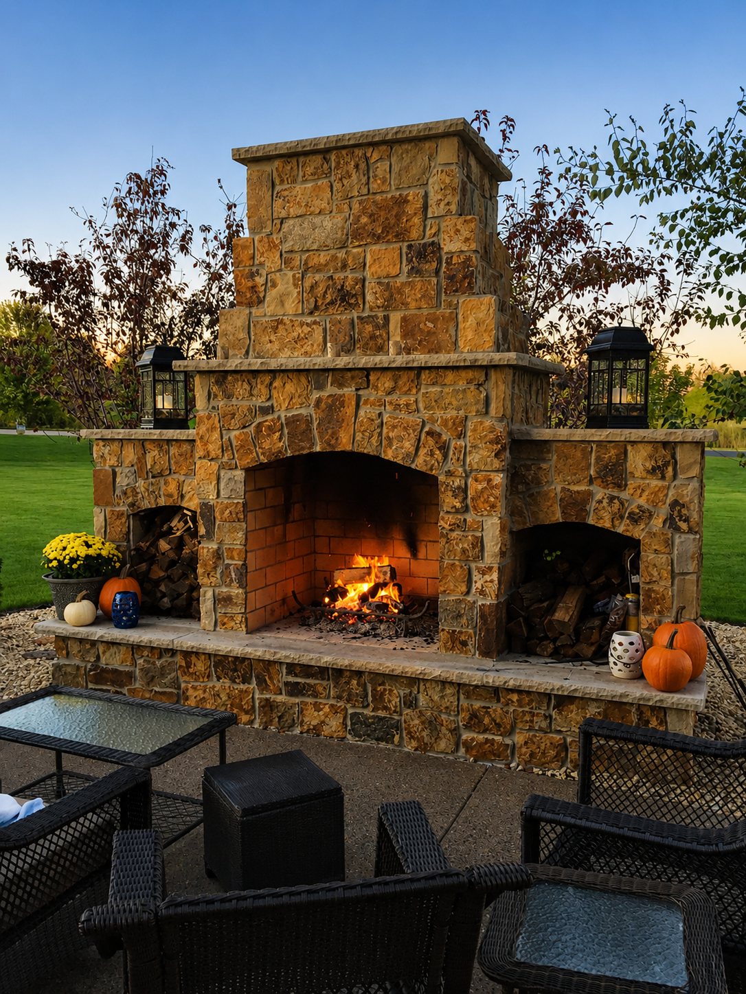 Large-scale outdoor brick fireplace with arched firebox, dual side openings and decorative lanterns.
