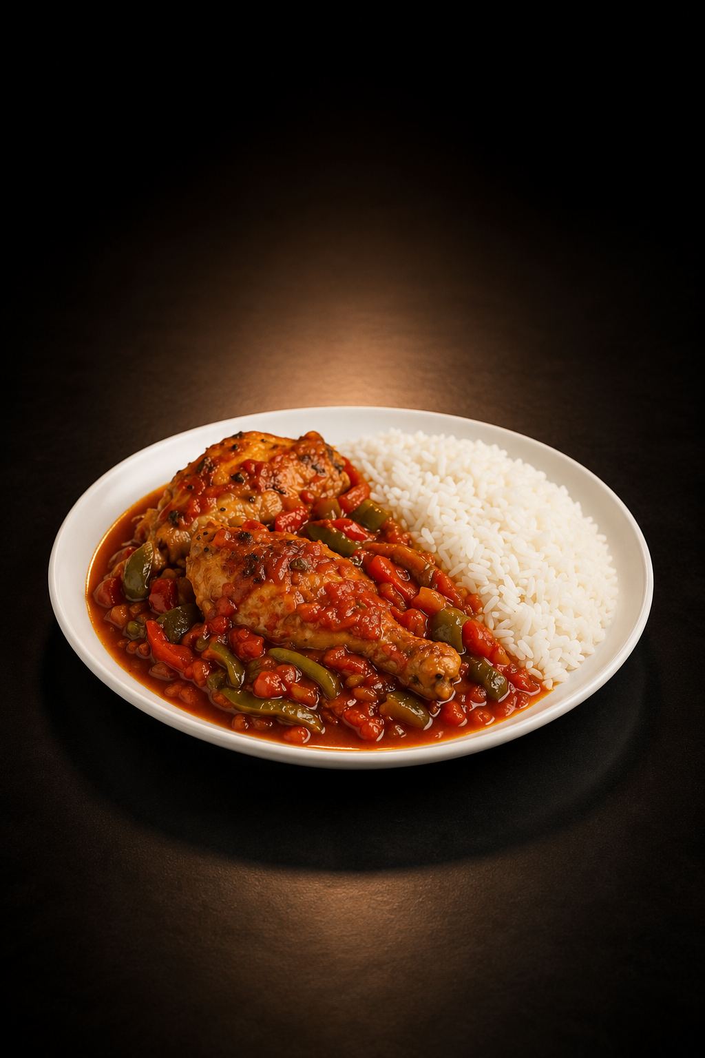 Plated dish with chicken in red sauce, vegetables, and white rice