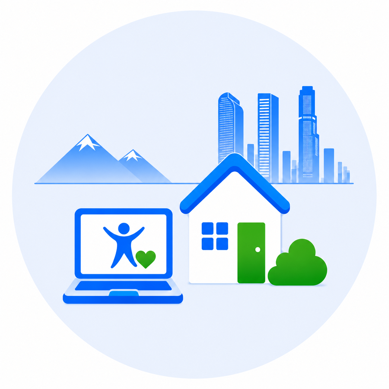 Laptop and home with Denver skyline icon - How We Meet