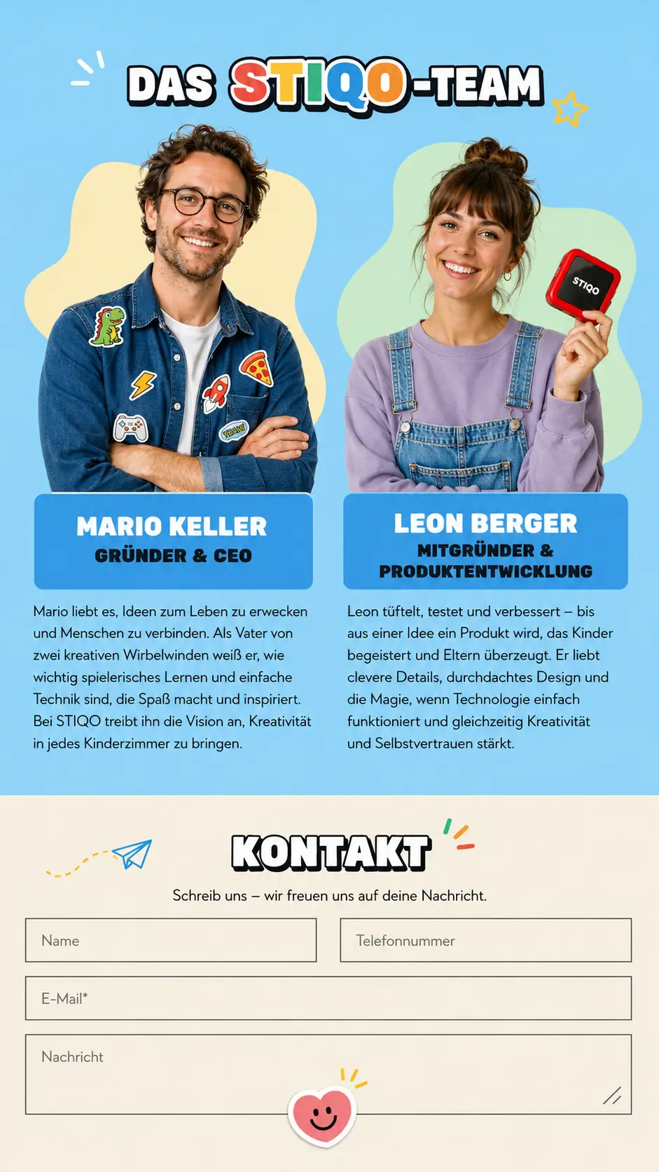 Das STIQO-Team – Mario Keller, Gründer & CEO und Leon Berger, Mitgründer & Produktentwicklung. Kontaktformular.