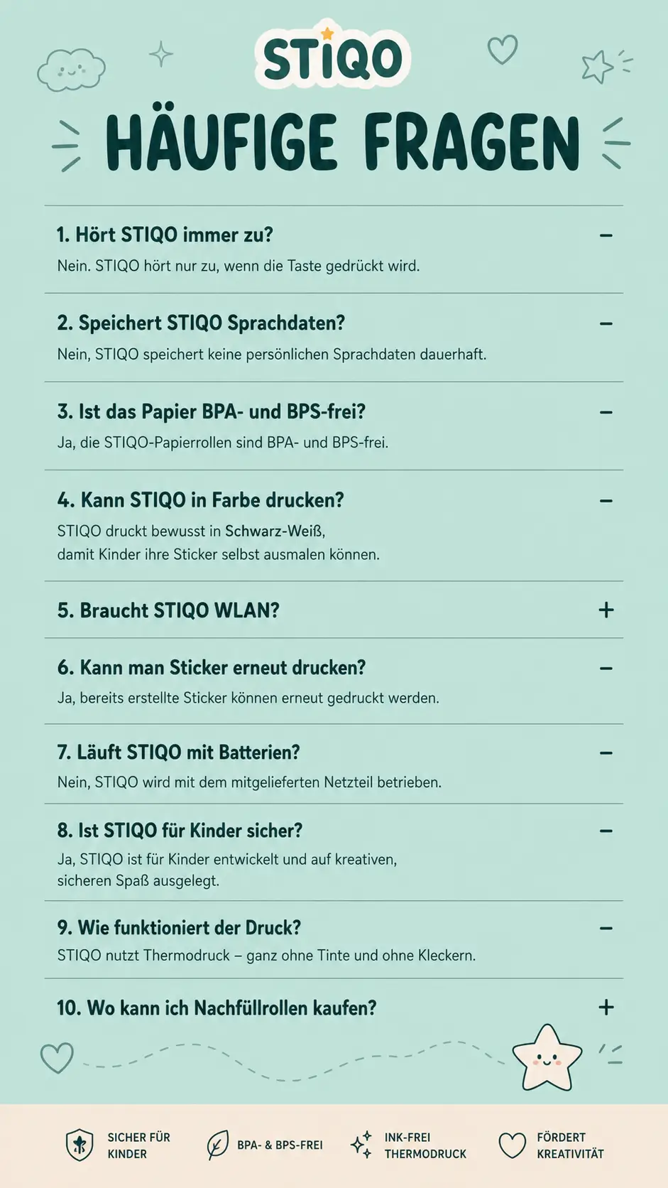 STIQO Häufige Fragen – Sicher für Kinder, BPA- & BPS-frei, Ink-frei Thermodruck, fördert Kreativität