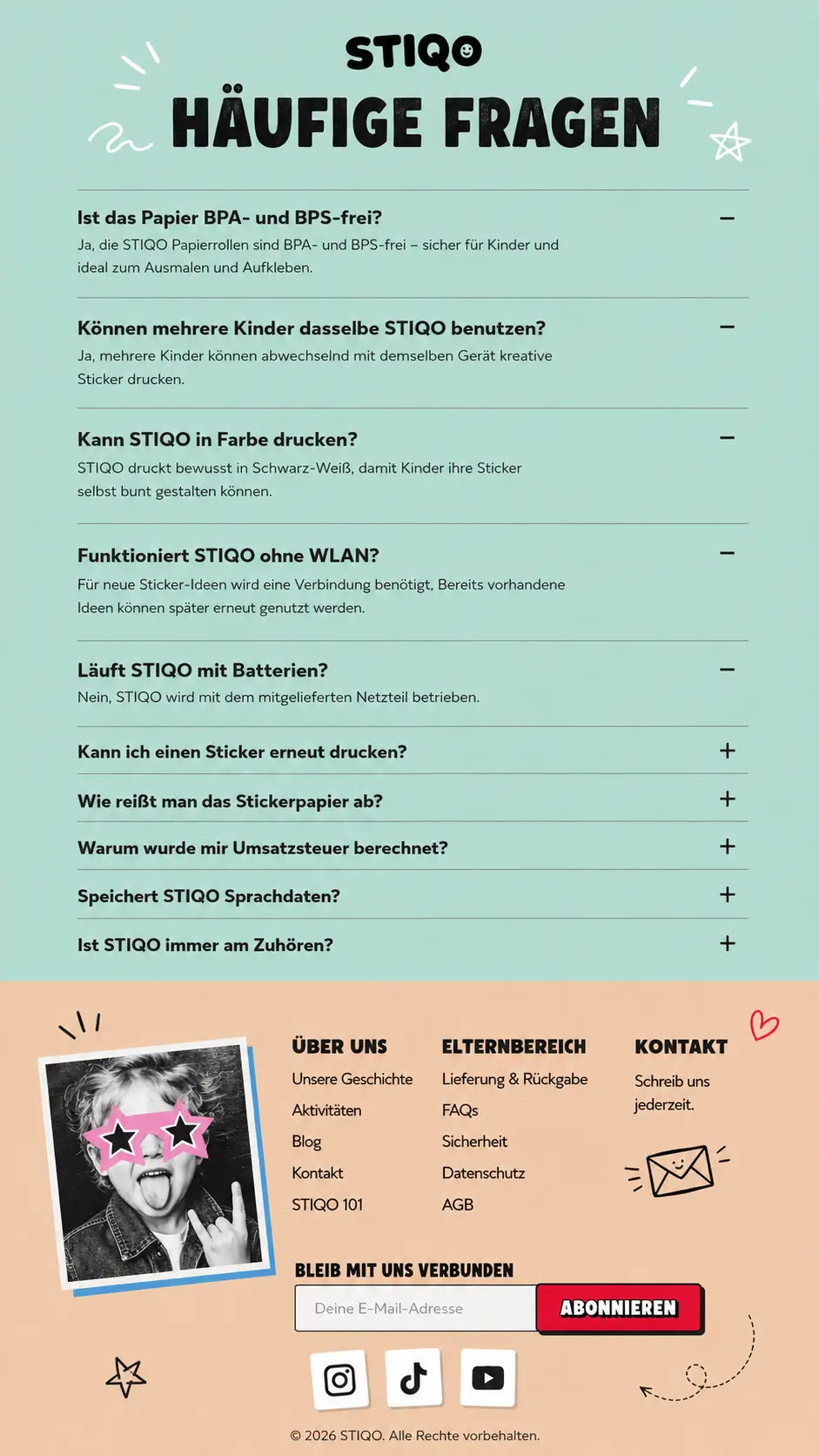STIQO Häufige Fragen – vollständige FAQ-Liste mit Footer-Navigation