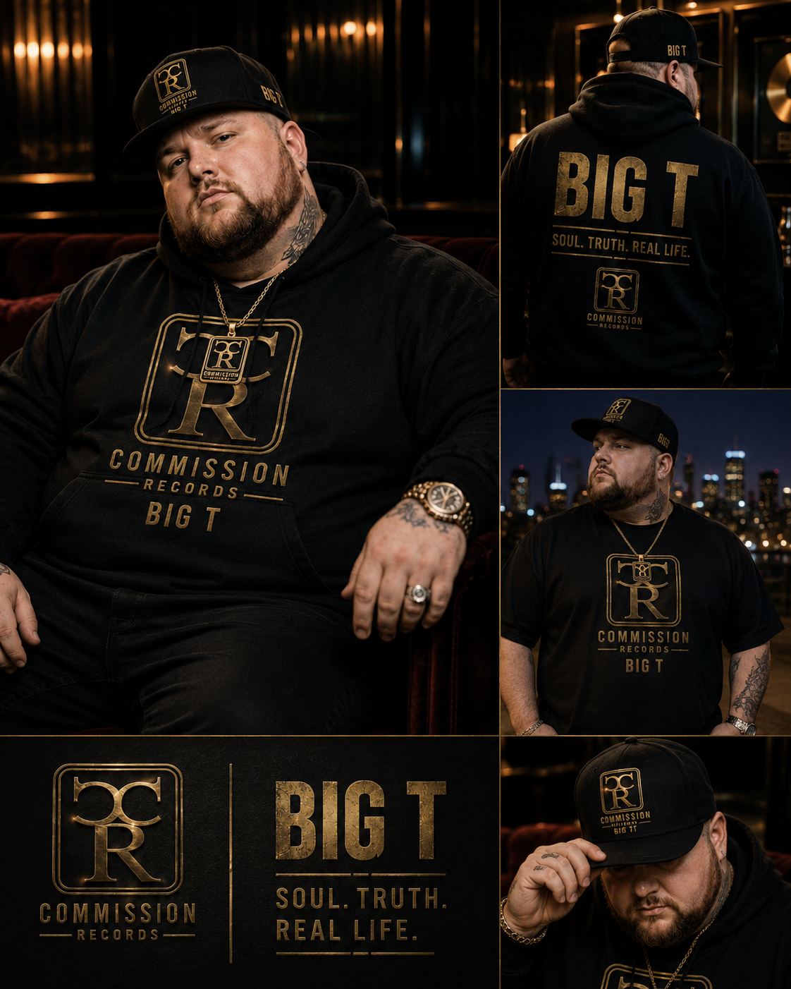 Big T Commission Records merchandise lookbook in black and gold featuring the artist in a CR logo hoodie and tee, the Soul Truth Real Life hoodie back print, a snapback cap, and the Commission Records brand lockup