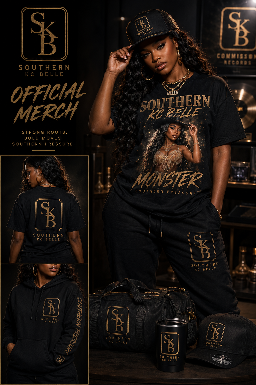 Southern KC Belle official merch lookbook in black and gold featuring the artist in an SB trucker cap and Monster Southern Pressure graphic tee with matching SKB sweatpants, plus a back-print tee, hoodie with sleeve print, duffel bag, tumbler, and cap