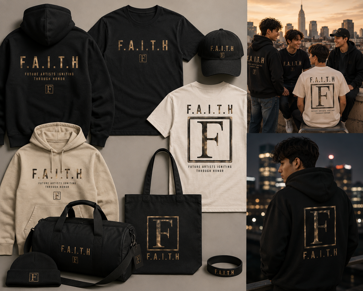 F.A.I.T.H. merchandise lookbook in black, cream, and gold featuring boxed-F logo hoodies, tees, a dad cap, beanie, tote bag, duffel bag, and wristband with Future Artists Igniting Through Honor branding plus rooftop group photos