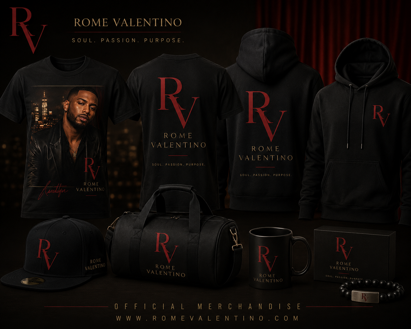 Rome Valentino official merchandise lookbook in black and deep red featuring the RV photo tee, front and back logo tees, hoodies, fitted cap, duffel bag, mug, gift box, and beaded bracelet