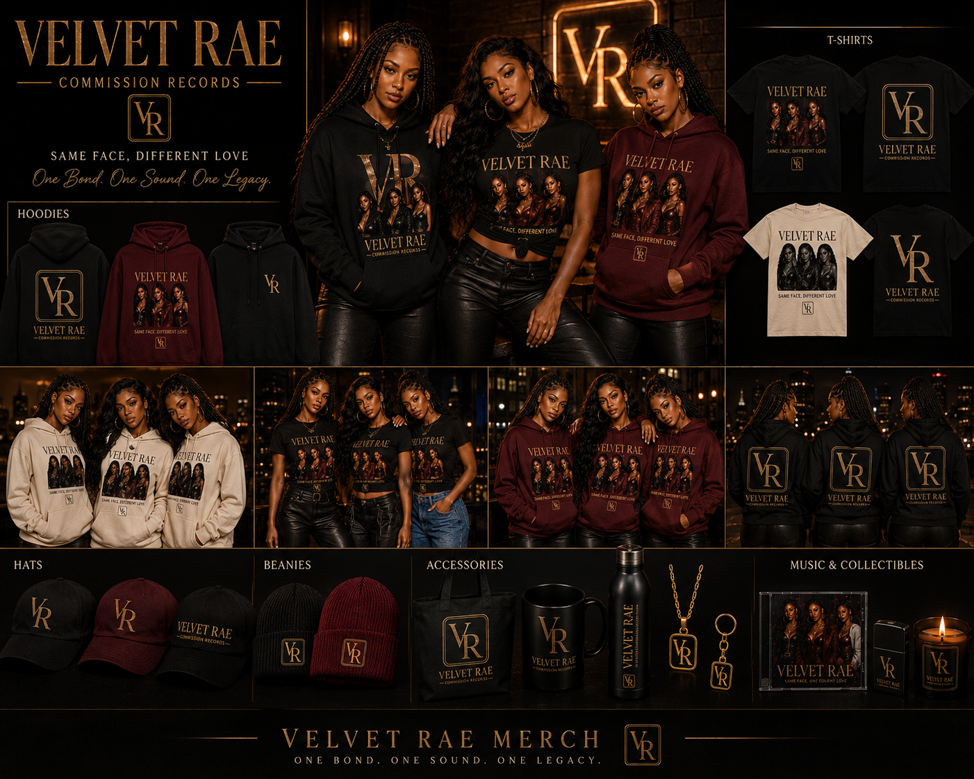 Velvet Rae official merchandise lookbook in black and gold featuring the trio in branded hoodies and tees plus the full VR product lineup of hoodies, t-shirts, hats, beanies, tote, mug, water bottle, necklace, keychain, and music collectibles