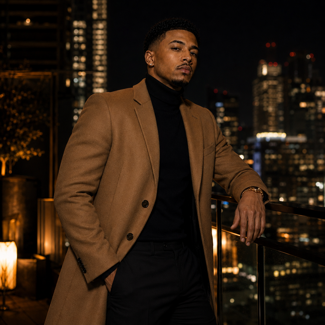 Noah Kingsley in a camel overcoat on a rooftop with night city skyline