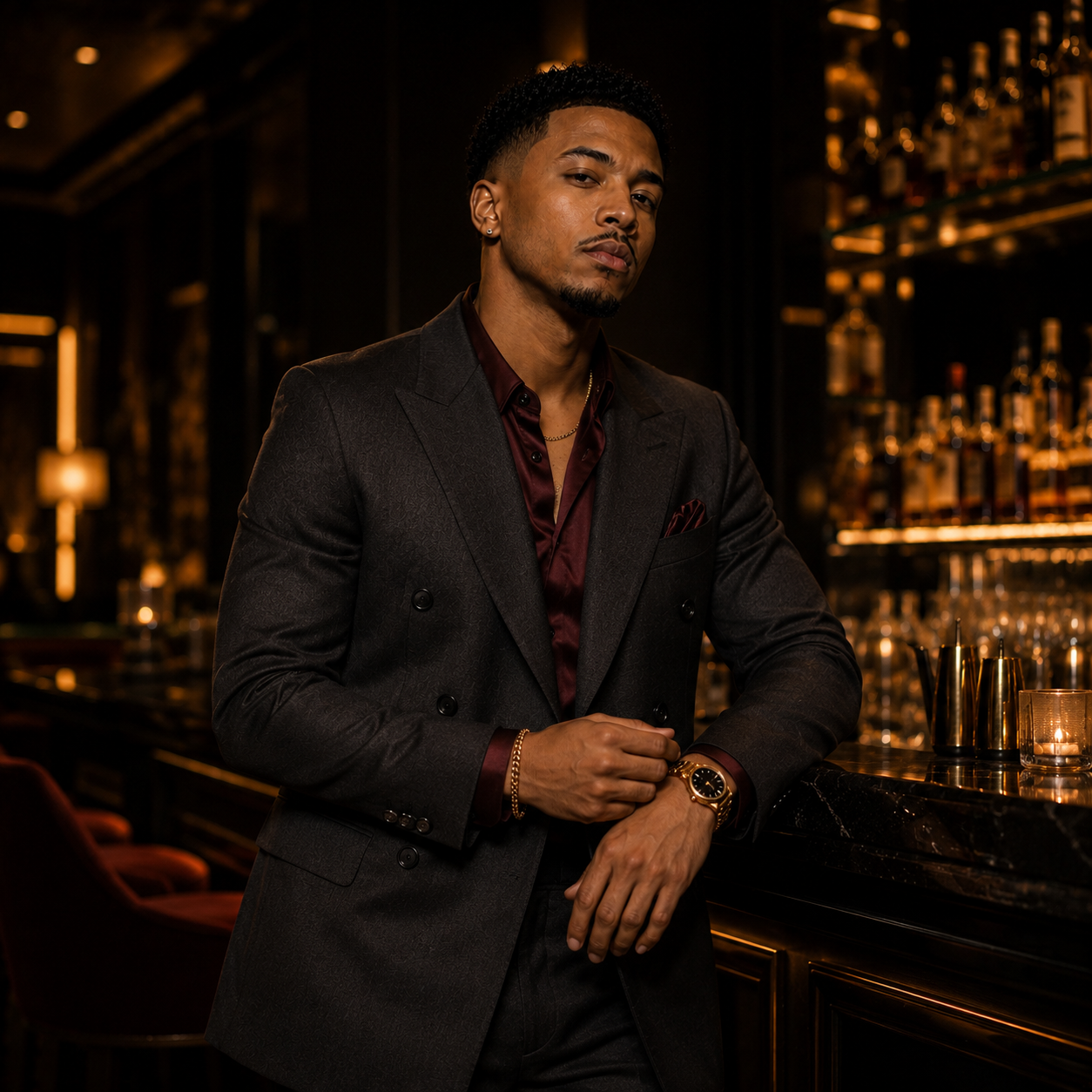 Noah Kingsley in a charcoal suit with burgundy shirt at an upscale bar