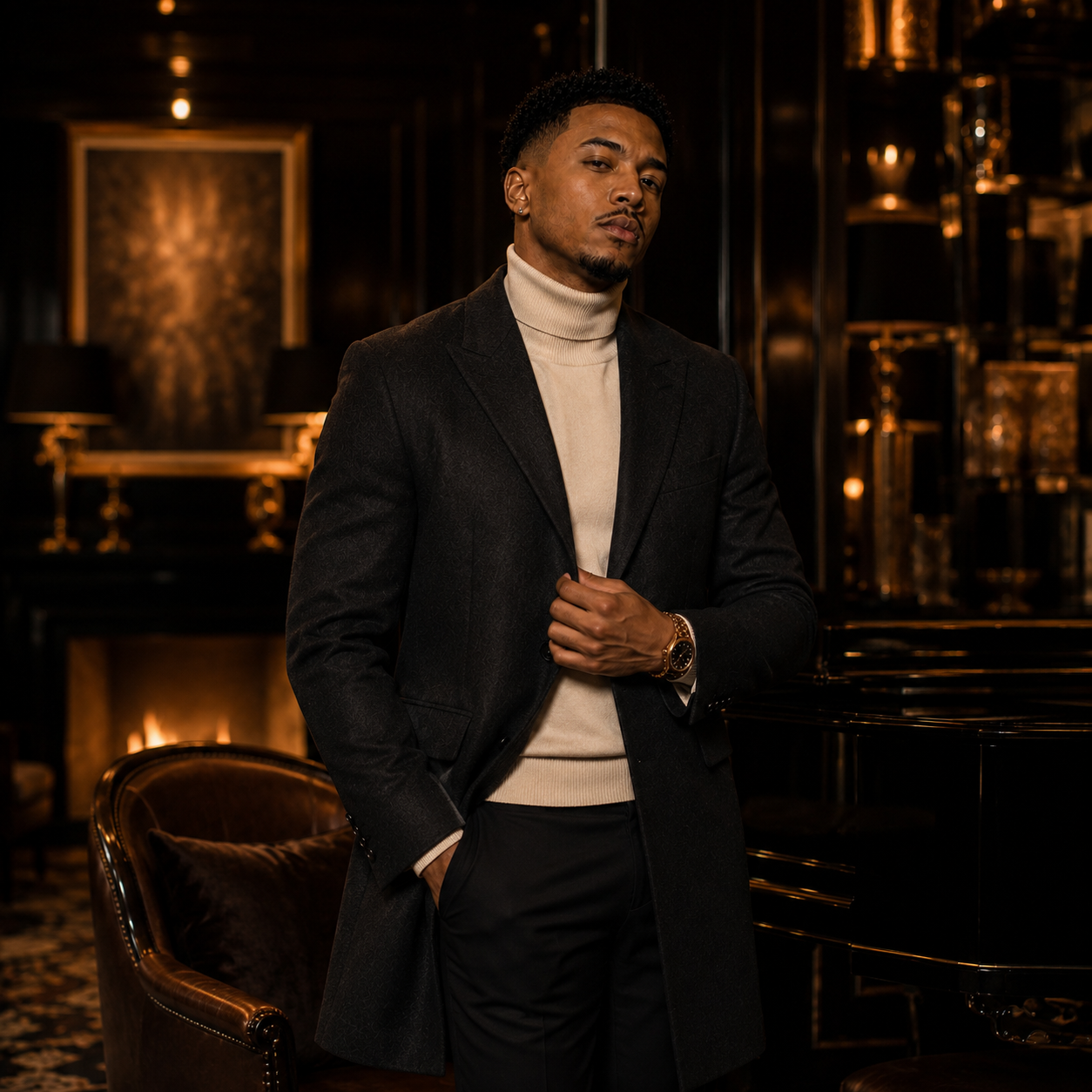 Noah Kingsley in a charcoal overcoat beside a fireplace and grand piano