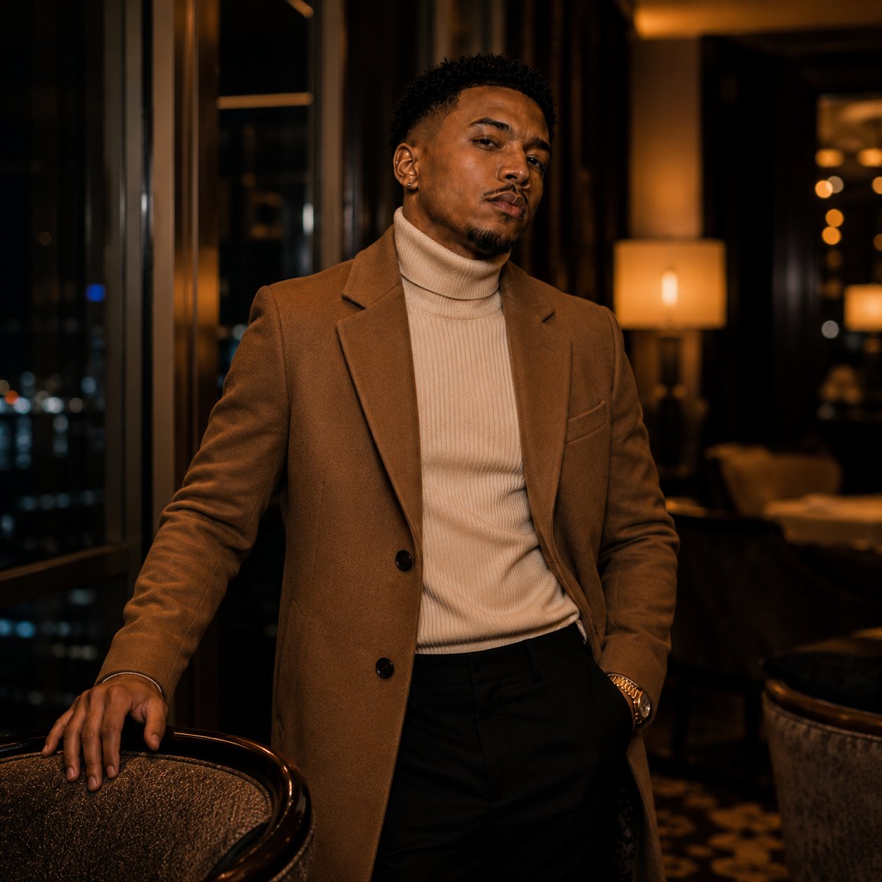 Noah Kingsley in a camel overcoat with cream turtleneck in a luxury lounge