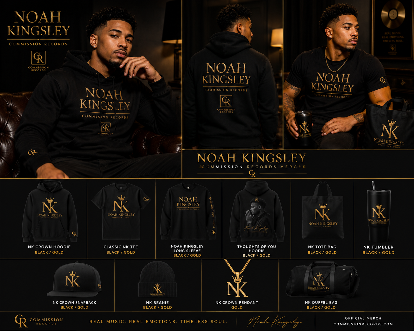 Noah Kingsley Commission Records merchandise lookbook featuring the black-and-gold NK hoodie, tee, long sleeve, tote, tumbler, snapback, beanie, pendant, and duffel bag