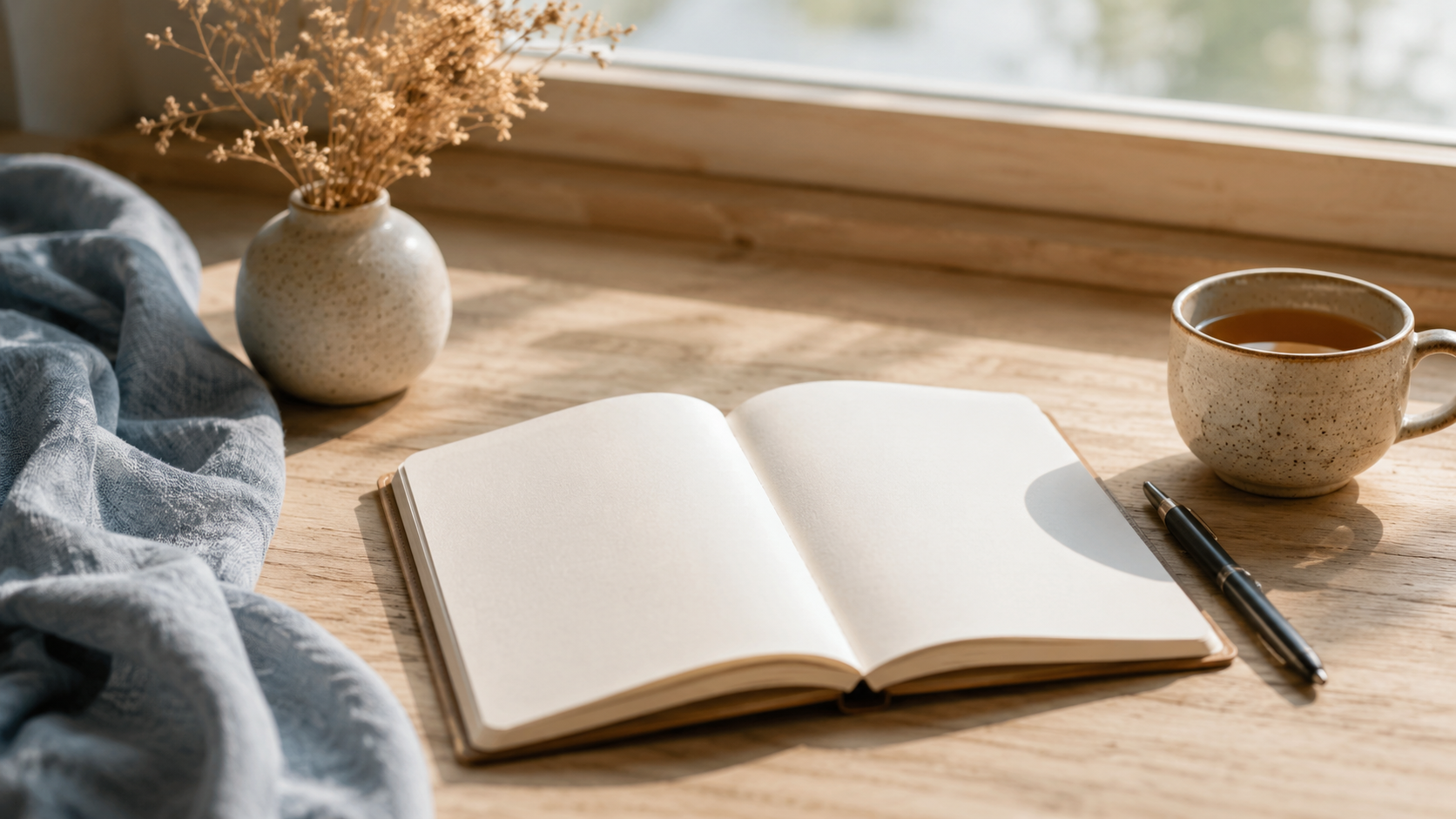 Offenes Notizbuch auf einem Holztisch mit einer Tasse Tee und getrockneten Blumen – Symbol für Reflexion und bewusste Auszeit im Alltag