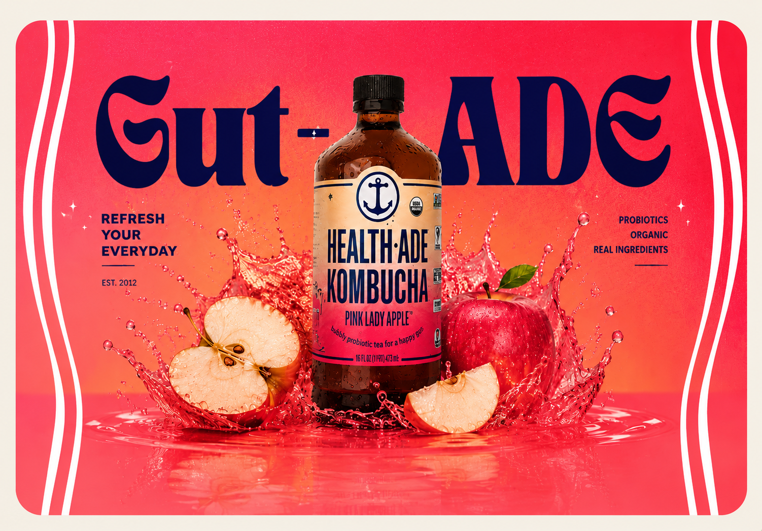 Health-Ade GUT-ADE campaign hero with kombucha bottle and apple splash