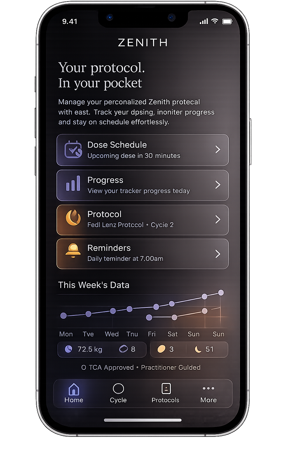Zenith app showing protocol tracking and dose reminders