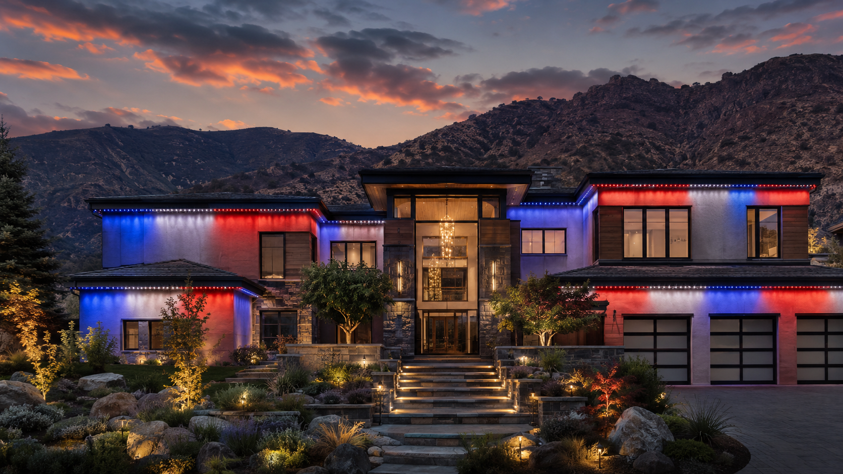 Modern Utah home with red, white, and blue patriotic lighting display on roofline for July 4th