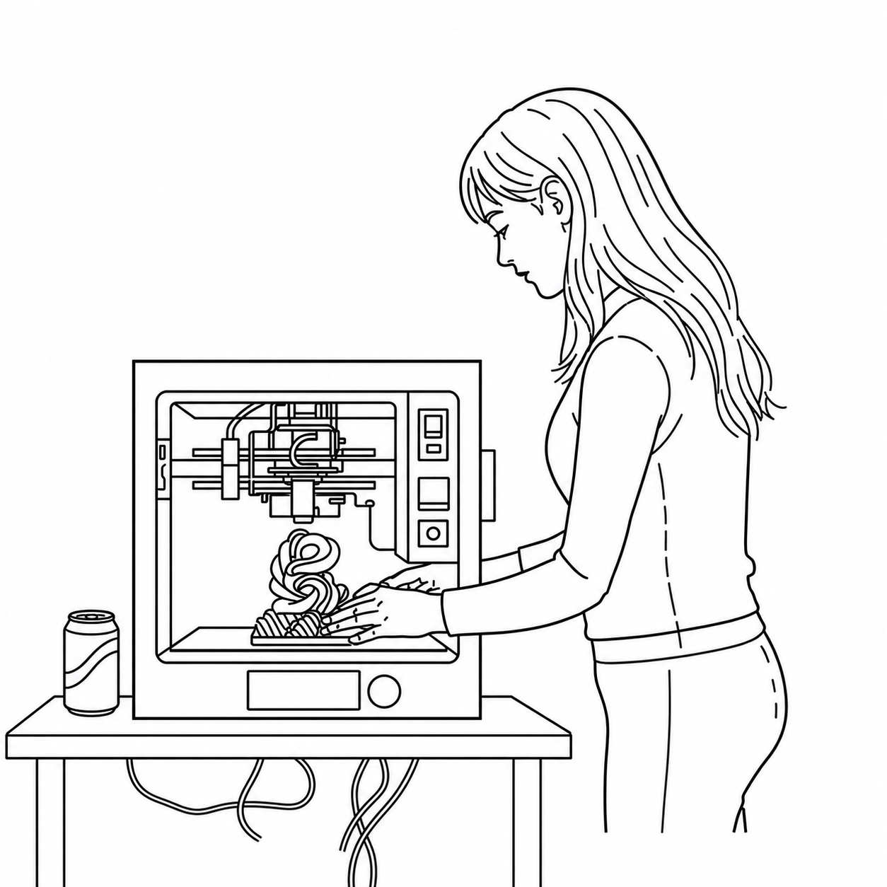 Unsafe shop practices - person with long hair down, no safety glasses, drink on table, cables on floor
