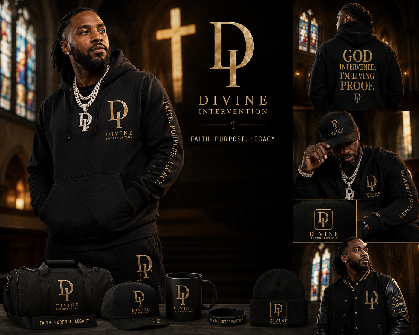 Divine Intervention official merch lookbook in black and gold set in a cathedral, featuring the DI monogram with the taglines Faith Purpose Legacy and God Intervened I'm Living Proof, plus the product lineup of duffel bag, snapback, mug, wristband, and beanie